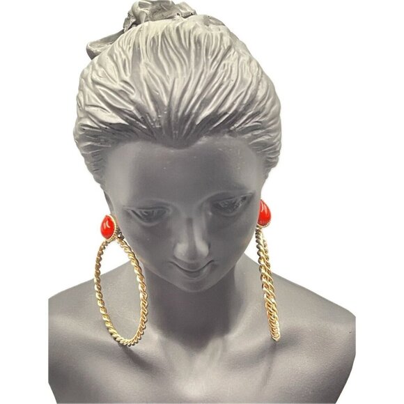 Steve Madden Red Pear Shaped Stone Accent Textured Gold-Tone Open Hoop Earrings - Picture 2 of 3